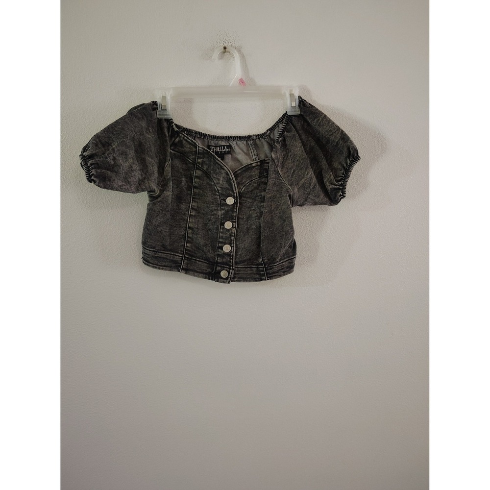 Thrill Jeans Acid Wash Denim Crop Top Dark Gray Puff Sleeve Button‎ Front  M